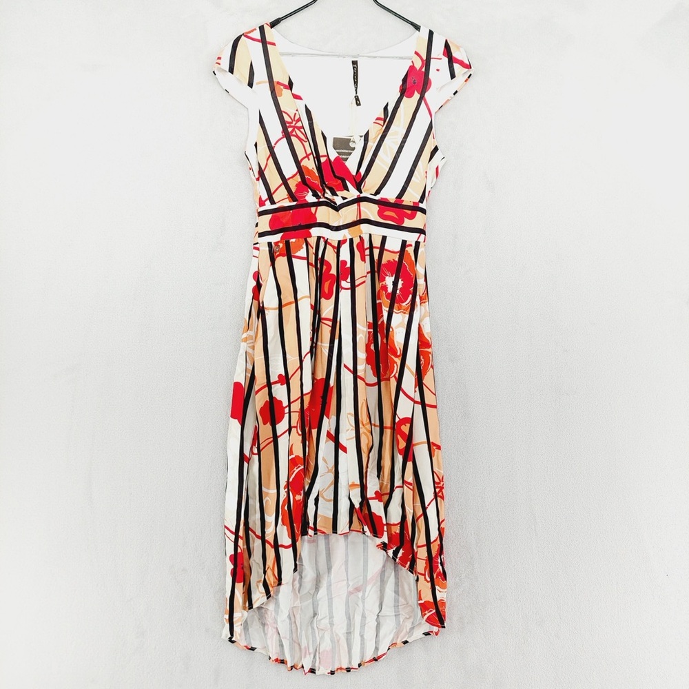 NEW Manila Grace White Redl Tan Striped Floral Print V-Neck High Low Dress P1863